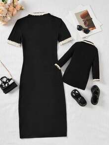SHEIN Mommy And Me Matching Cute Elegant Elastic Knitted Color Blocking Ruffle Faux Pearl Button Collar Long Sleeve Dress, Suitable For Party, Outing, Birthday - Black - View 2