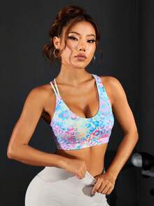 SHEIN Sujetador Deportivo Sin Espalda Con Estampado De Leopardo Y Tiras Cruzadas, Tops Deportivos Para Ejercicio - Multicolor - Ver 5