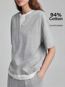 Ontre Camiseta para mujer de color gris y blanco con paleta de colores de baja saturación, tela cómoda, diseño 2 en 1 de ajuste holgado, hombros caídos, manga corta, diseño de patchwork en el dobladillo, versátil para todas las estaciones, moda urbana moderna, estilo casual de negocios, ropa de oficina, estilo discreto de dinero antiguo, elegante, de alta gama, para ir y venir, de alta calidad, atuendo de aeropuerto, estilo bohemio, ropa de vacaciones, diseño de tema minimalista neutro - Gris - Ver 6