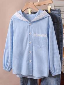 SHEIN 女童休閒時尚花卉刺繡荷葉邊條紋連帽長袖襯衫，附口袋 - 藍色 - 查看 7