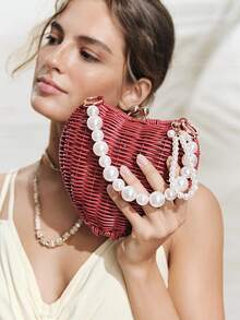 SHECARRY Tas Bahu Miring Berongga Tenun Tangan Murni Bentuk Hati Merah yang Unik dan Dipersonalisasi untuk Wanita, Mutiara Indah, Cocok untuk Liburan Musim Panas, Pantai, Tepi Laut - jujube - View 6