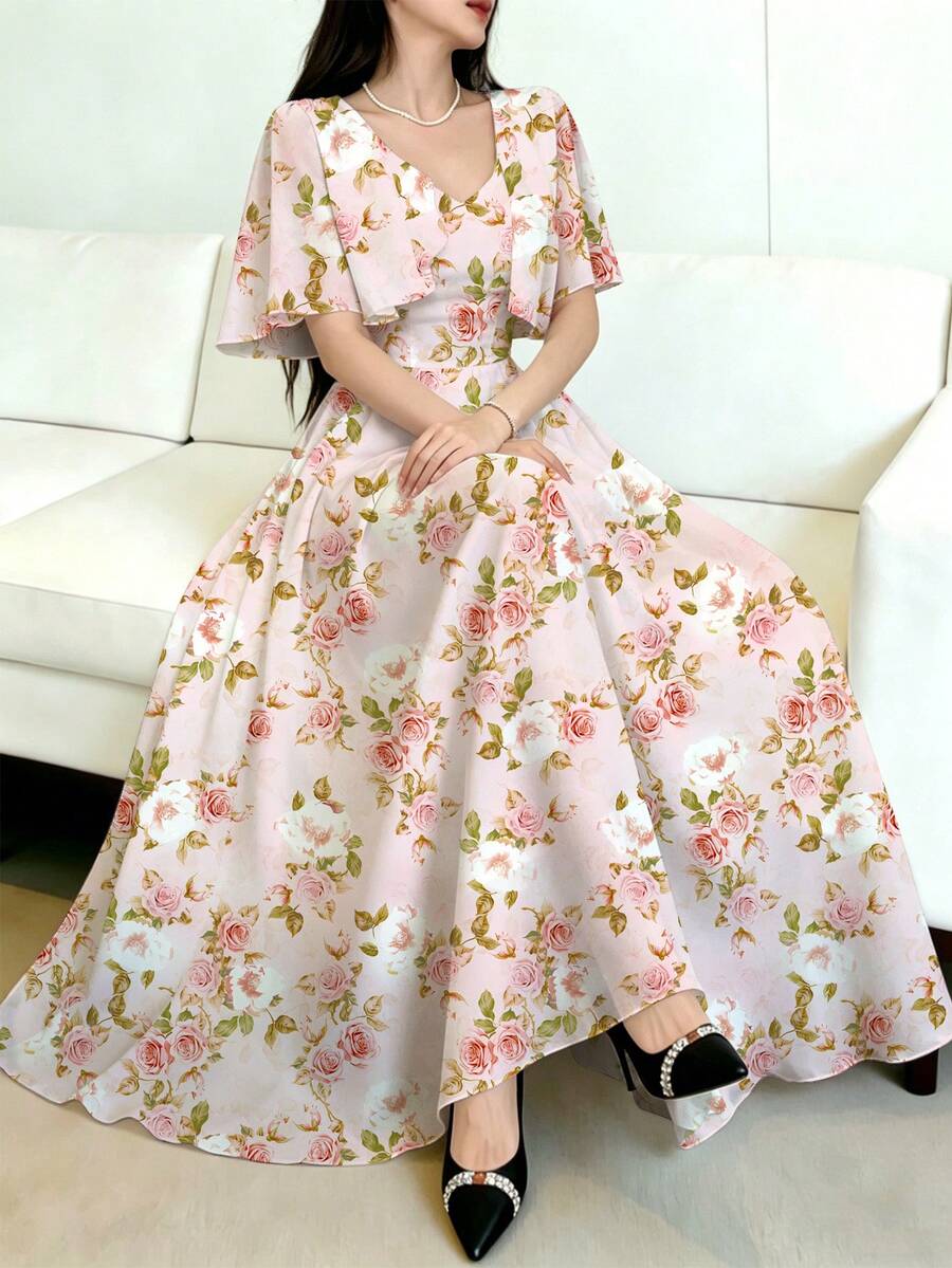 Modelyn 女款短袖數位印花收腰長洋裝,披肩袖荷葉邊下擺,優雅迷人時尚 Y2K 約會派對女裙,海灘度假碎花洋裝 - 淺粉色 - 查看 1