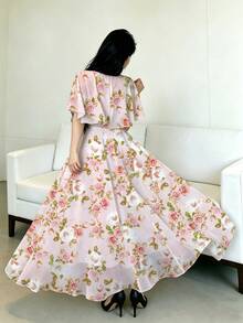 Modelyn 女款短袖數位印花收腰長洋裝，披肩袖荷葉邊下擺，優雅迷人時尚 Y2K 約會派對女裙，海灘度假碎花洋裝 - 淺粉色 - 查看 2