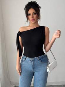 Elenzga Plus Size Women's Elegant Solid Color Asymmetrical Neck Fitted T-Shirt, Summer - Black - View 6
