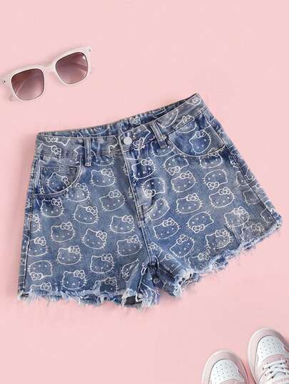 HELLO KITTY AND FRIENDS | SHEIN 女款全印花鈕扣口袋毛邊牛仔短褲，休閒百搭日常穿著