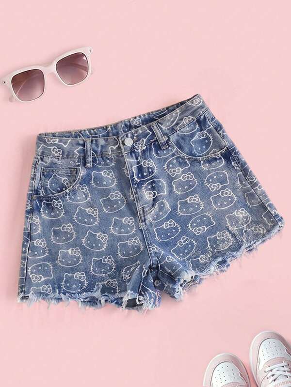 HELLO KITTY AND FRIENDS | SHEIN 女款全印花鈕扣口袋毛邊牛仔短褲，休閒百搭日常穿著