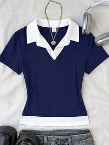 兒童青少年女孩夏季新款海軍藍與白色拼色 2 合 1 拼接 Polo 領短袖 T 恤，休閒學院風 - 藏蓝色 - 查看 3