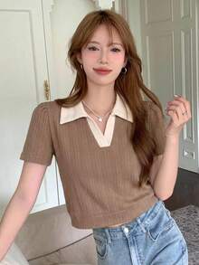 Dazy-Less 女款圓領短袖咖啡棕純色寬鬆休閒落肩百搭商務休閒T恤 - 咖啡棕 - 查看 4