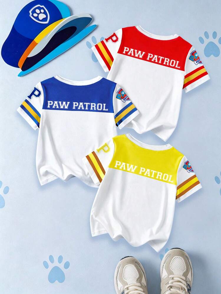 SHEIN | PAW Patrol Young Boy Archie,3-Piece Set Tricolor Contrast Print Short Sleeve T-Shirts, Summer Casual - Multicolor - View 2