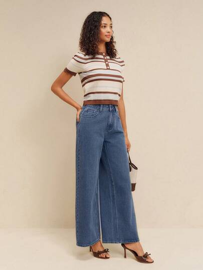 lacRébo Jeans de pierna ancha de cintura alta color azul pizarra con cinco bolsillos de algodón para uso diario en verano, otoño, vacaciones, brunch y casual