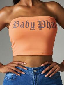 BABYPHAT Top corto tipo bandeau con estampado de logo con brillo, estilo tubo sin tirantes para festivales de verano - Naranja Coral - Ver 2