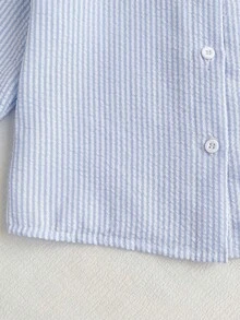 SHEIN Playful Pals 女童休閒仙女牛仔風白色條紋蝴蝶結口袋刺繡長袖鈕扣前襟柔軟襯衫上衣，適合上學、秋季、洗禮儀式 - 藍色 - 查看 8