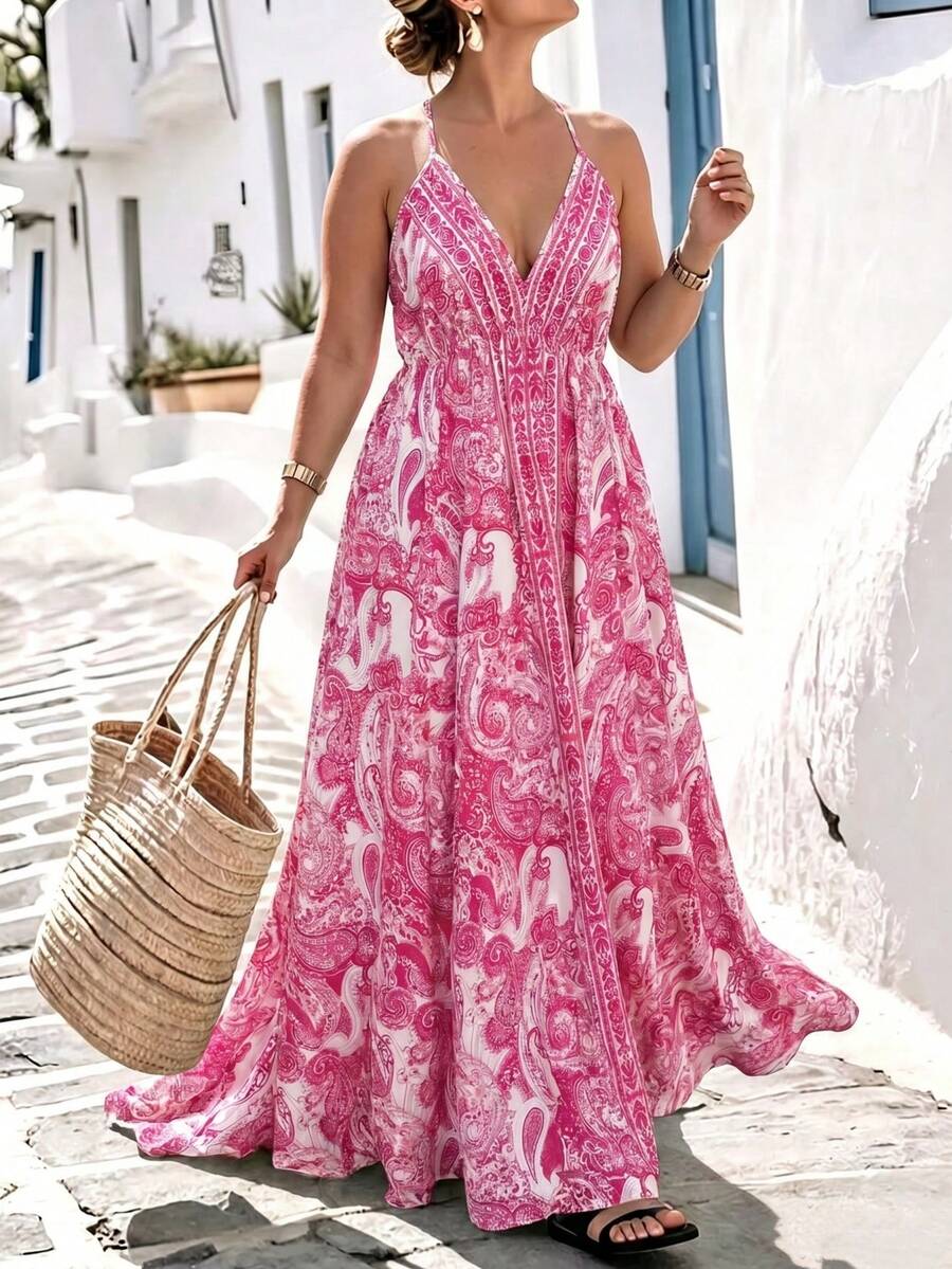 Linhara CURVE Böhmisches Blumen-Spaghetti-Träger-Rückenfrei-Bindekleid in Midi-Länge, fließendes Sommer-Urlaubskleid - Pink - Übersicht 1