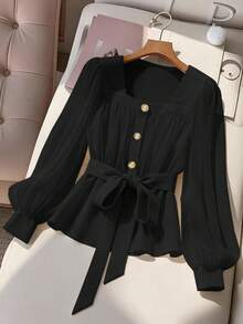 GlowEve CURVE Plus Size Women's Elegant Commuter Color Block Lantern Sleeve Blouse, Sunray Pleat Shirt, Spring Autumn - Black - View 1
