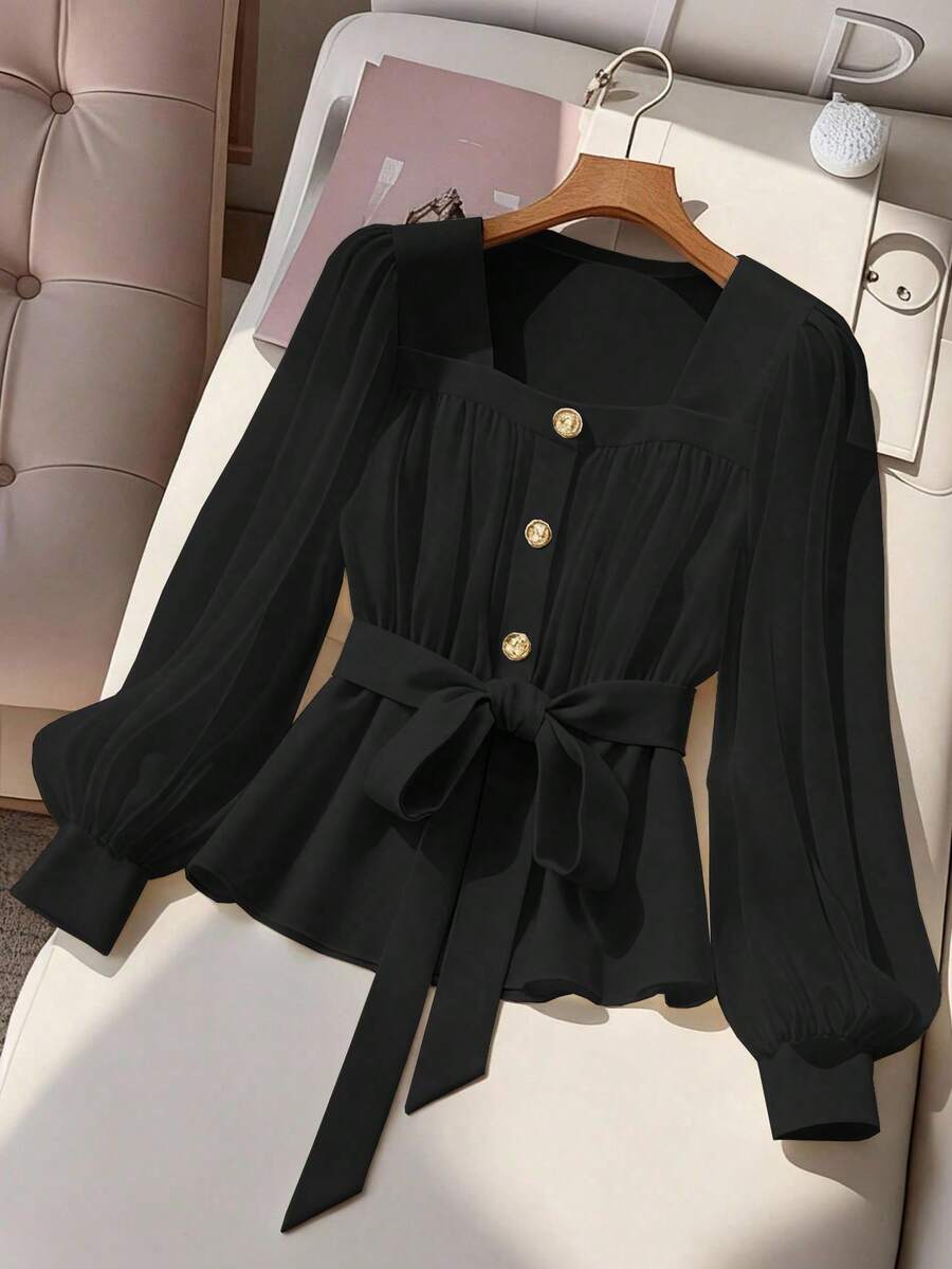 GlowEve CURVE Plus Size Women's Elegant Commuter Color Block Lantern Sleeve Blouse, Sunray Pleat Shirt, Spring Autumn - Black - View 1