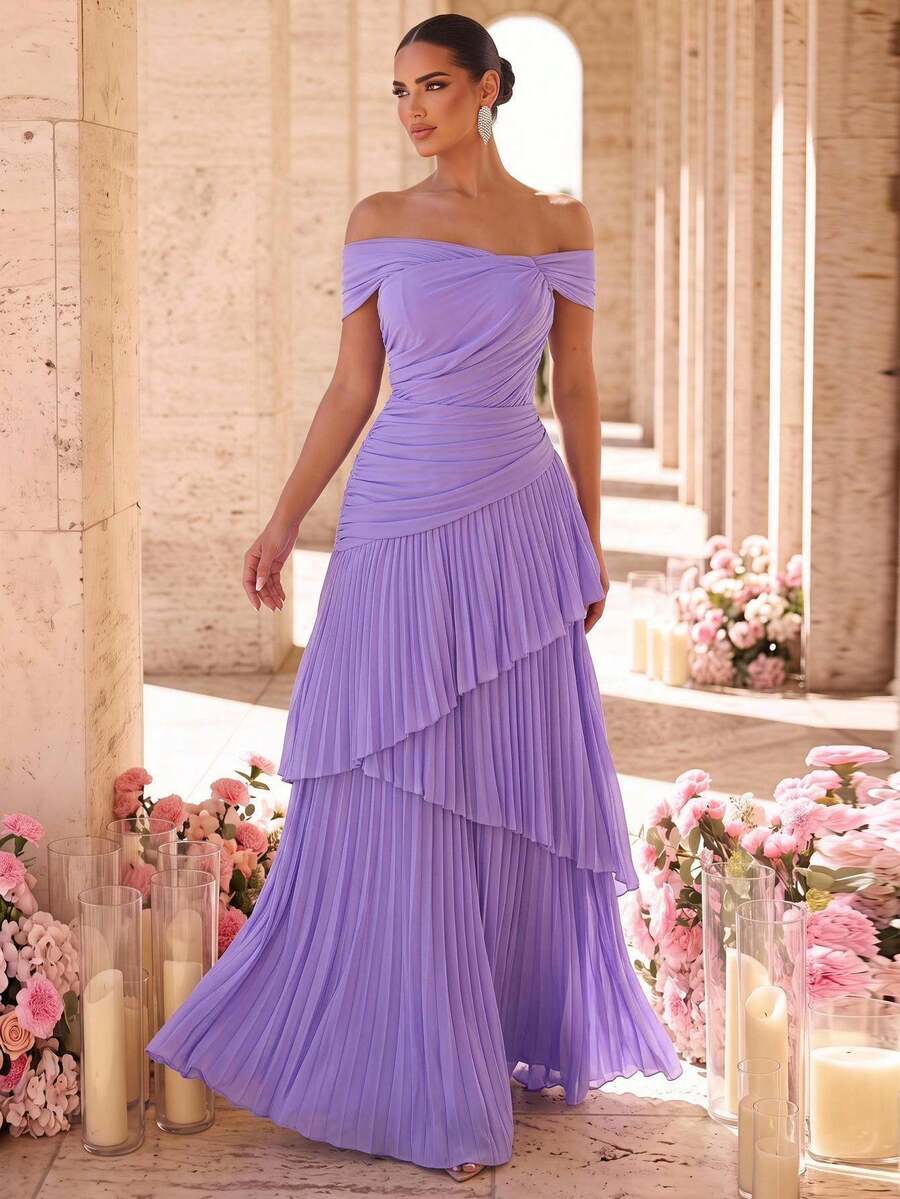 Glamrae Elegant Formal Princess Luxurious Glossy Organza Satin Pleated Off-Shoulder Mermaid A-Line Dress Suitable For Wedding Prom Vow Bachelor Party