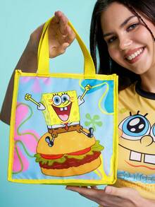SpongeBob SquarePants | SHEIN 卡通黃色方塊角色保溫午餐袋，輕量可重複使用漢堡印花保冷手提袋 - 黃藍色 - 查看 2