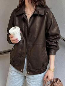 DAZY Women's Fashionable Versatile Casual Jacket, Autumn Leather Jacket School Cute Tops - Brown - View 6