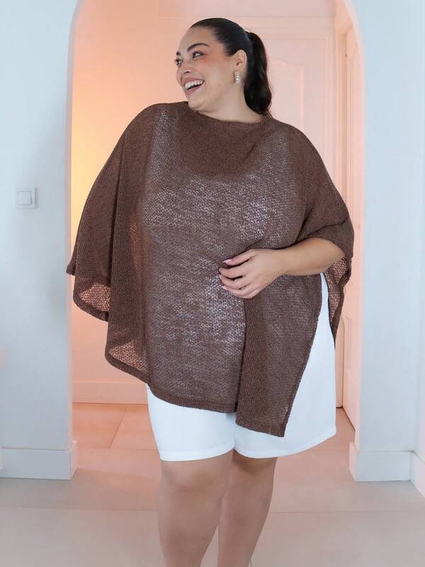 Pretty and Ole New Fashionable Brown Versatile Knitted Jacquard Hollow-Out One-Piece Halter Neck Shawl Collar Cover Up, Multi-Wear Style, Lightweight Vacation Wear, Air Conditioning Shawl, Spring Outerwear Brown Blouses For Women Plus Size Clothing Earthy Plus Size Poncho Top Brown Plus Size Top Coffee Brown Top Sheer Top Plus Size Chocolate Brown Top