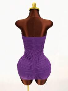 Mistrie Deep Purple Strapless Dress With Pleated Design, Ruffle Hem, Fitted Bodycon Sexy Party Night Out Mini Dress Summer - Purple - View 2