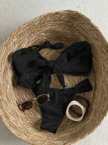 Swim Mod Women's Casual Vacation Beach Party Elegant Sexy Solid Color Special Fabric Bow Tube Top Two Pieces Thong Bikini Beachwear Valentine's Day Black - Black - View 2