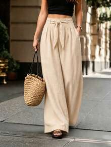 SHEIN Holidaya Women's Solid Color Pleated Casual Versatile Daily Wear Pants Vacation Beige Autumn - Apricot - View 3