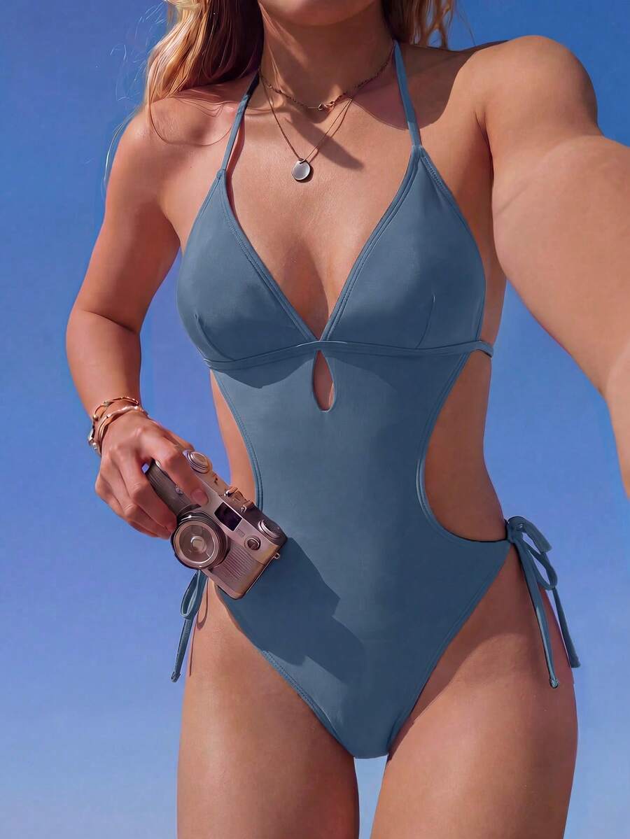 Swim Basics Sexy Tropical Solid Color One-Piece Swimsuit, Popular For Beach Vacation In Spring/Summer Aqua Blue - Dusty Blue - View 1
