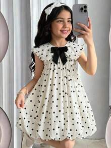 SHEIN 女童波点彼得潘领3D蝴蝶结休闲连衣裙 - 彩色 - 查看 2