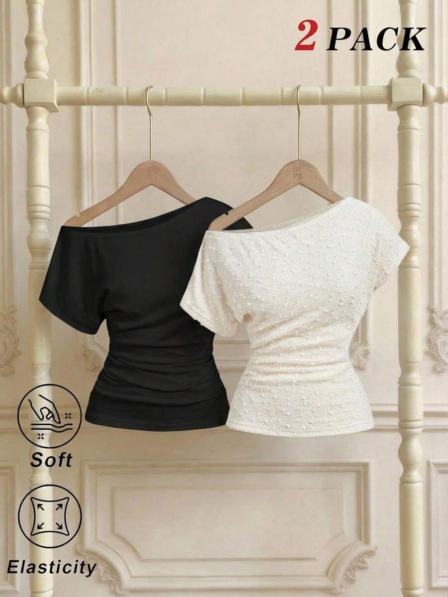 SHEIN MOD Women's Solid Color Asymmetrical Shoulder Ruched Casual Versatile Daily T-Shirt - Multicolor - View 1