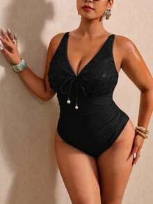 Elaquor Plus Size Elegant Sequin Tie-Up Fashion Vacation One-Piece Swimsuit Elegant Luxury Sequin Beach Vacation Swim Dress For Women Elegant Black Swim Dress - Black - View 8