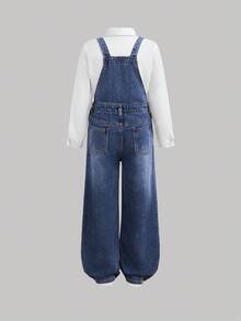 SHEIN 青少年女孩藍色牛仔寬鬆版型吊帶褲 - 彩色 - 查看 3