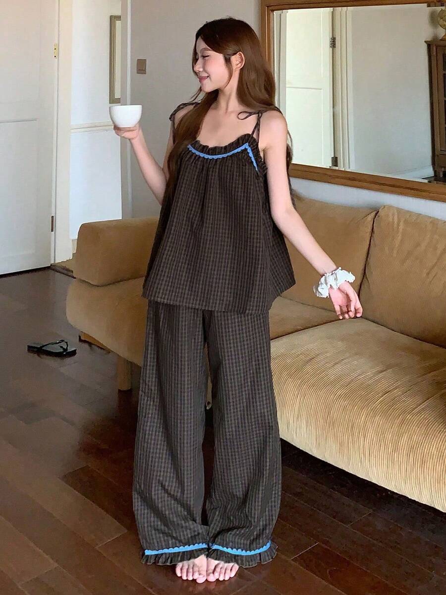 DAZY 女款拼色格紋百褶細肩帶上衣與寬腿褲休閒居家睡衣套裝 夏季睡衣 - 咖啡棕 - 查看 1