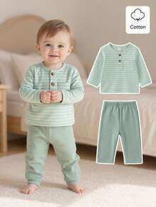 Souflis Souflis 2pcs Toddler Baby Boy Clothes Casual Striped Button Pocket Long Sleeve Soft Top And Pants 2 Piece Sets Outfit Vacation Summer Baby Boy Clothing Sets - Green - View 10