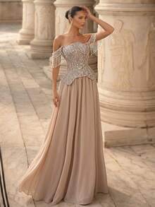 Glamrae Elegant Luxurious Noble Sophisticated Apricot Sequin Patchwork Chiffon Strapless Low Waist 2 In 1 Extra Large Skirt Adjustable Tie Heavy Work Evening Gown Suitable For All Formal Occasions - Champagne - View 6