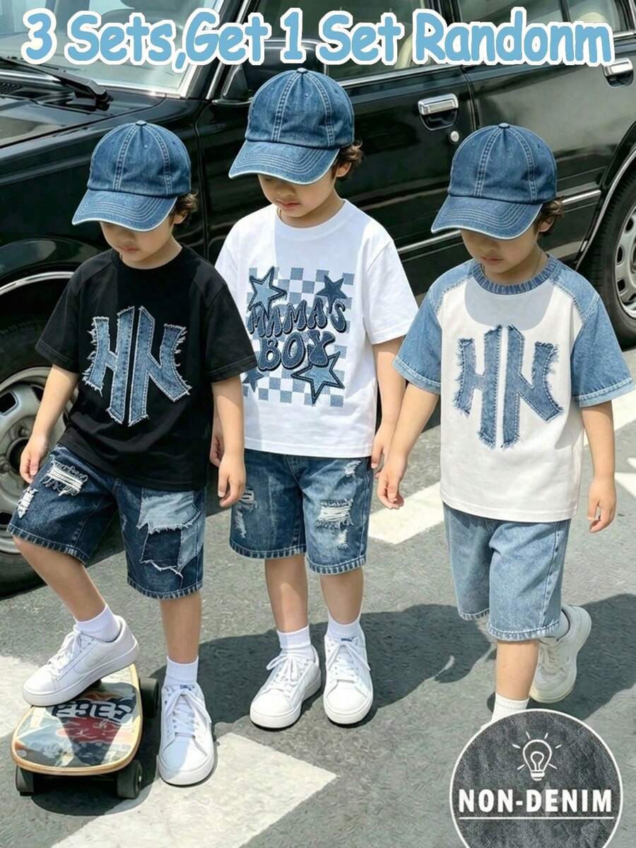 3套組，隨機1套仿丹寧拼接色塊幼童休閒時尚經典字母印花圓領短袖T恤與短褲套裝，韓系街頭風，返校穿搭 - 彩色 - 查看 1