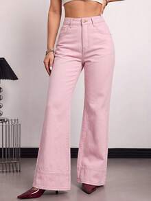 SHEIN Tall 高個女款時尚百搭口袋鈕扣牛仔長褲 秋季教師褲 - 粉色 - 查看 7