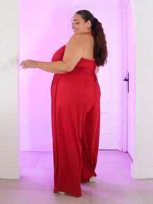 Pretty and Ole Plus Size New Spring/Summer Sexy Black Fitted High-Waisted Cold-Shoulder Jumpsuit, Casual & Slimming - Burgundy - View 5