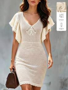 LUMIGAL Women's Fashion French Crochet Ruffle Cuff Knit Dress, V-Neck Leaf-Sleeved Tight-Fitting Bust-Hugging Elasticated Elegant Dress - Apricot - View 2