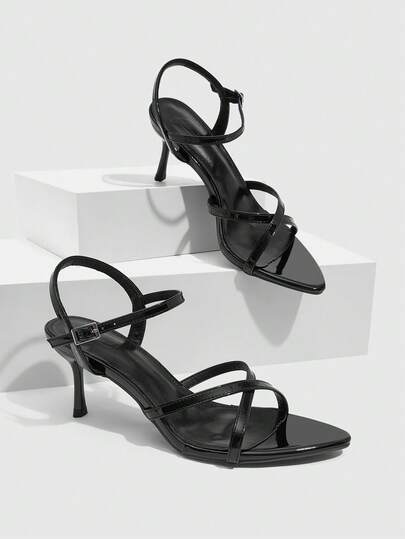 CUCCOO SZL Women Shoes Black Glossy Crossed Strap Pointed Heel Sandals, Back Trip Buckle Design, Commuter Dating Party Versatile, Sexy Elegant Enhancing Women