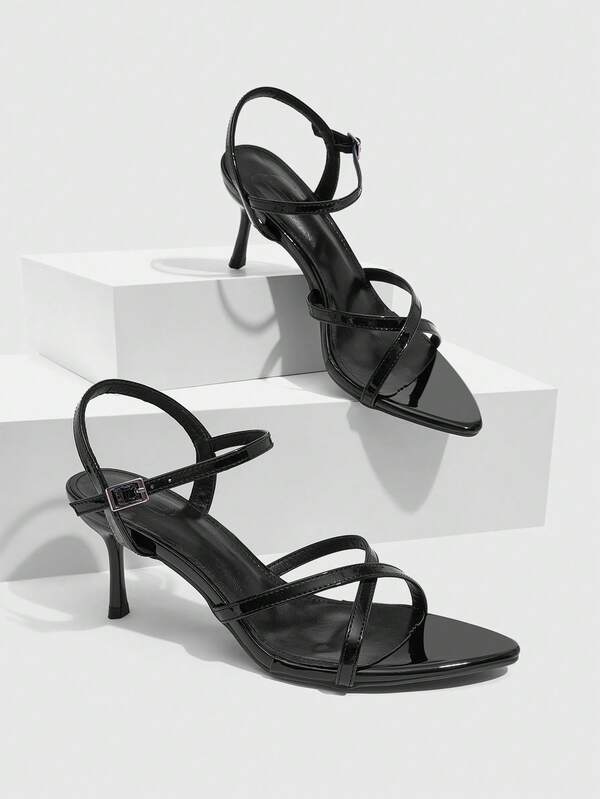 CUCCOO SZL Women Shoes Black Glossy Crossed Strap Pointed Heel Sandals, Back Trip Buckle Design, Commuter Dating Party Versatile, Sexy Elegant Enhancing Women