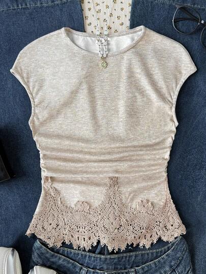 Teen Girl Fashion Casual Knit Solid Color Crew Neck Top