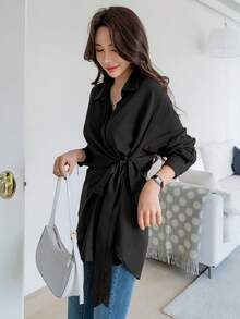 DAZY Tie Side Drop Shoulder Shirt,Fall Clothes Preppy Tops Long Sleeve Top - Black - View 3