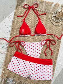 Swim Mod Women's New Polka Dot Print Bow Tie V-Neck Halter Backless Triangle Top And Bottoms 3-Piece Bikini Swimwear Set, Spring/Summer - White - View 2
