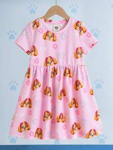 SHEIN | PAW Patrol 少女卡通印花短袖可愛洋裝 - 粉色 - 查看 3