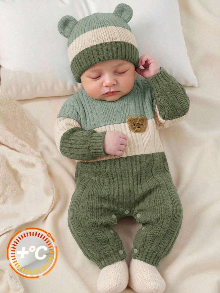 SHEIN Baby Boy 3D Bear Pattern Color Block Casual Daily Long Sleeve Winter Jumpsuit - Multicolor - View 1