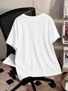 Flirla LOONEY TUNES X SHEIN Plus Size Women's Round Neck Cartoon Print Short Sleeve T-Shirt, Suitable For Casual Cute Whimsical Vacation, Office Holiday Commute, White Summer - White - View 2