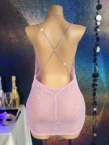 MidnightGlam Women's Sequin Mesh Backless Sexy Nightgown 2pcs Set,Sexy Lingerie For Women,Lace Sexy Lingerie,Lingerie Set,Sexy Outfit - Pink - View 2