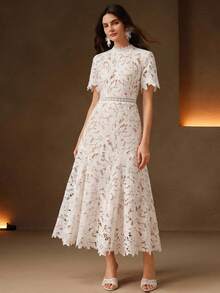 Anewsta Women's Heavy Embellished Hollow Lace Design Daily Date Evening Dress - White - View 1