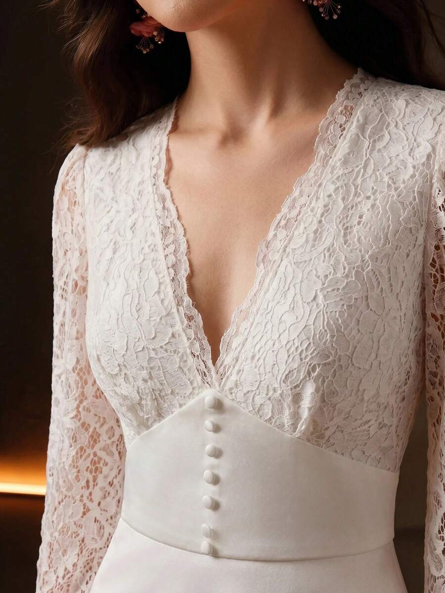 Anewsta New Fashion Elegant Lace Design Patchwork Women's Dress For Date, Evening Party And Commute - Apricot - View 1