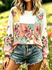 Selamara Women's New Floral Embroidered Print Long Sleeve Casual Crew Neck T-Shirt - Multicolor - View 4